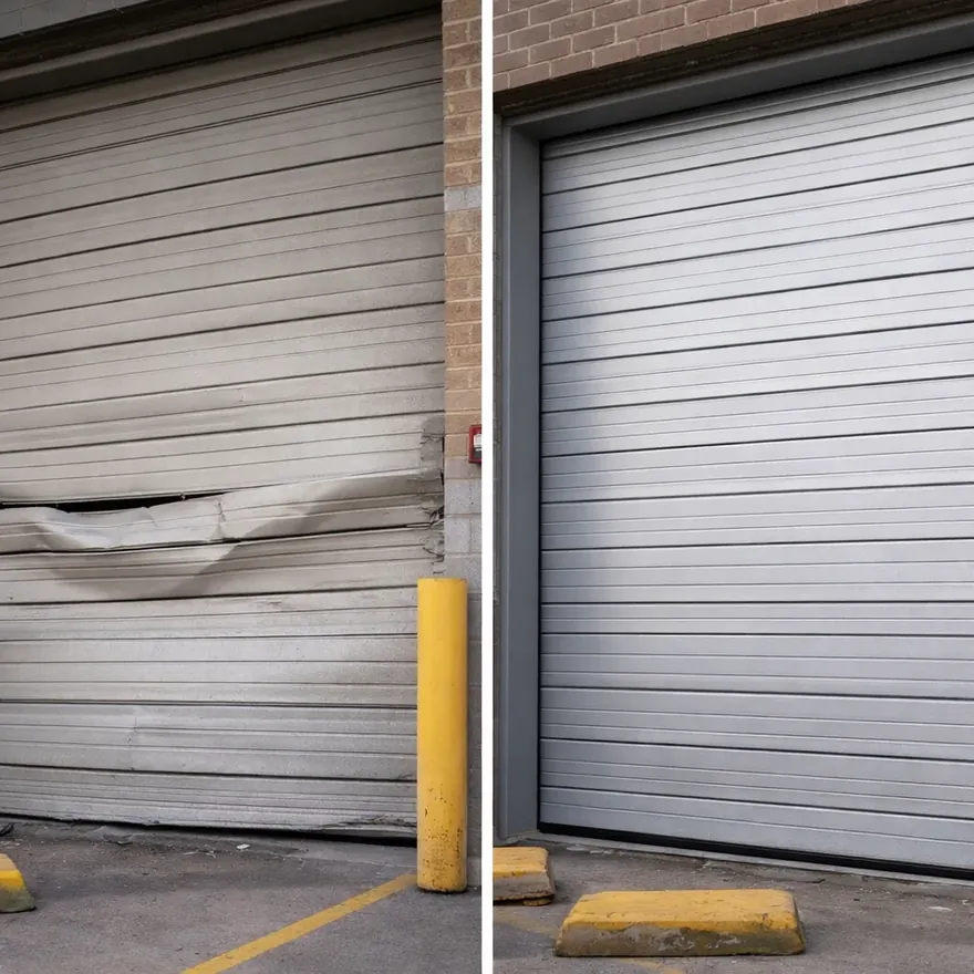 Before and after of a damaged rolling steel door panel on a retail loading bay, bent slats replaced with new steel panels.