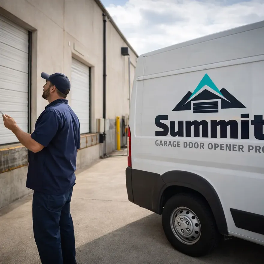 A uniformed technician inspecting a large sectional steel commercial garage door at a warehouse loading dock in North Texas, daylight, exterior shot.