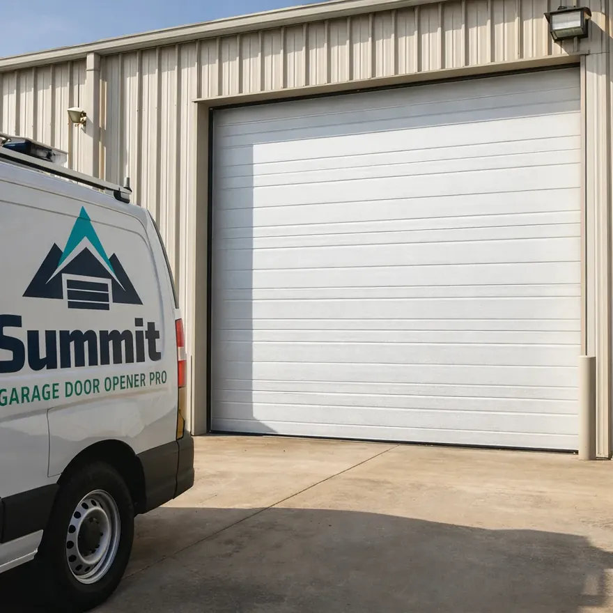 A wide insulated sectional steel commercial garage door on a warehouse exterior in North Dallas, fully repaired and closed, daylight.