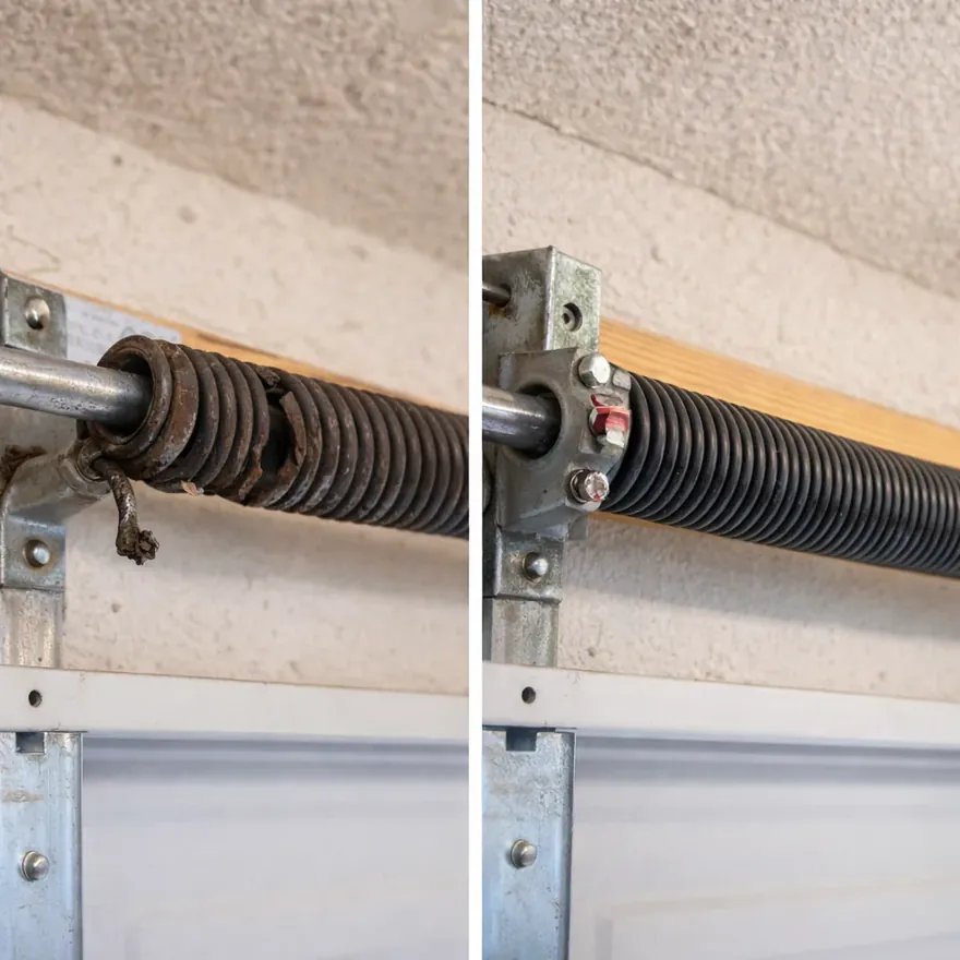 A snapped torsion spring next to the freshly wound replacement spring on the same garage door track.