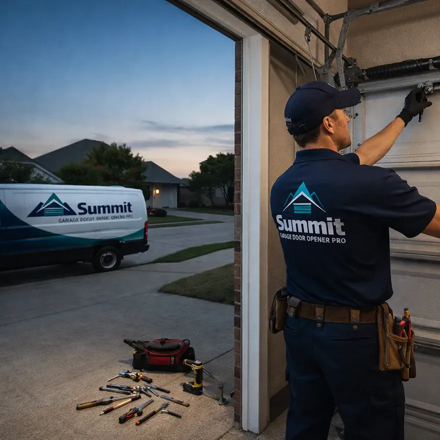 A uniformed technician inspecting a residential garage door and its spring assembly in the early evening, tools laid out on the driveway.