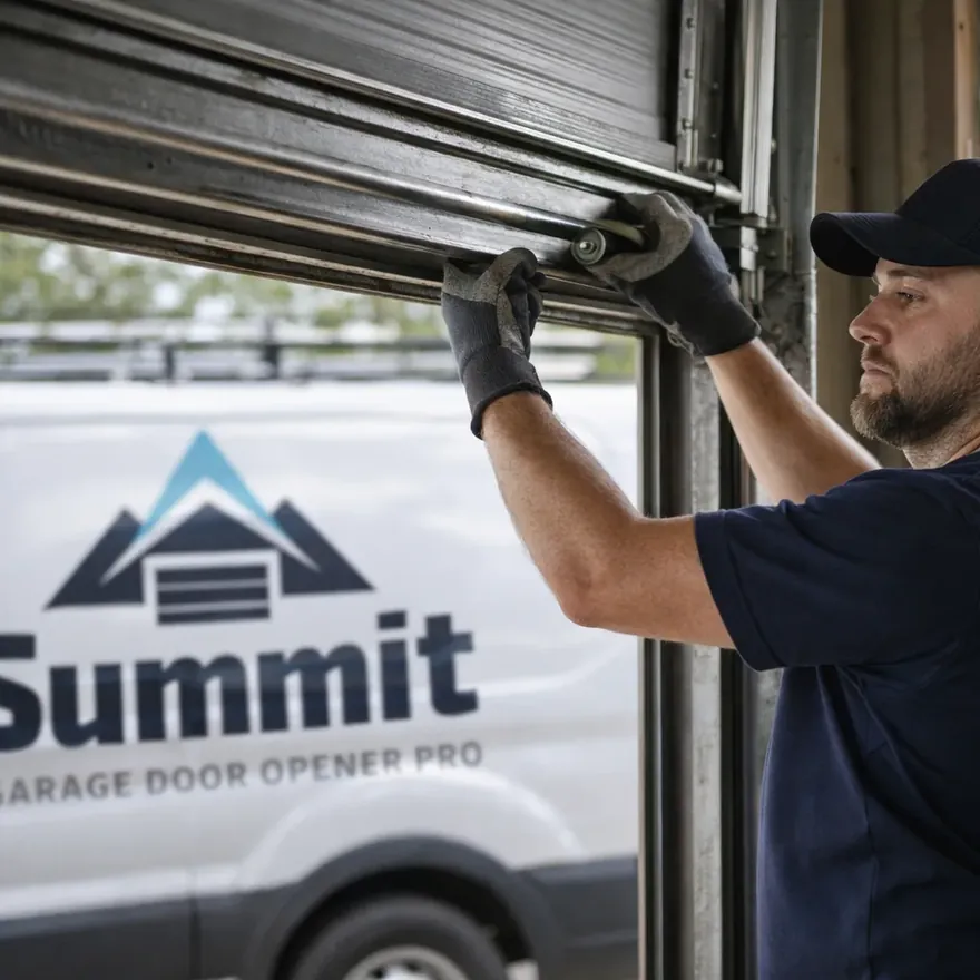 A technician guiding a garage door back onto its track after the rollers jumped free.