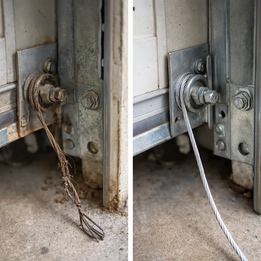 Side-by-side comparison of a snapped, rusted garage door cable next to a newly installed cable on the same bottom bracket.