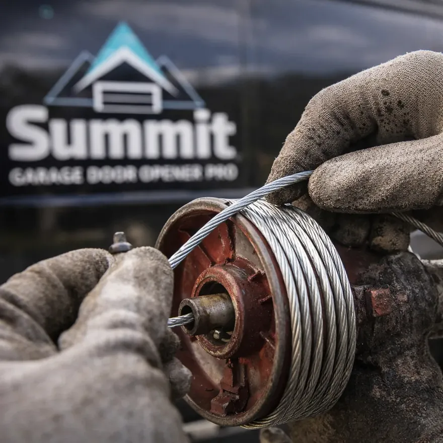 Close-up of a technician's gloved hands winding a new cable correctly onto the torsion drum.