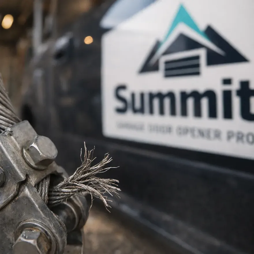 Close-up macro photo of a frayed steel garage door cable with visibly broken strands near the bottom bracket, set against a residential garage interior.
