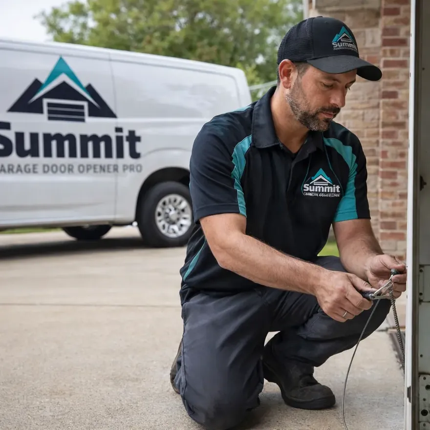 A uniformed Summit Garage Door Opener Pro technician kneeling beside an open residential garage door in a North Dallas driveway, inspecting a torsion cable near the bottom bracket.