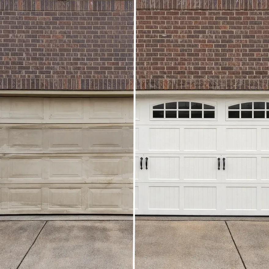 Side-by-side before and after of an old dented steel garage door replaced with a new insulated white carriage-style door on a North Dallas home.