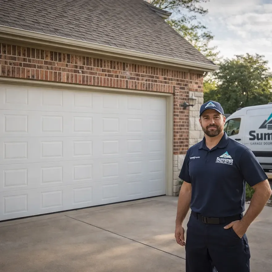 A newly installed insulated garage door on a North Dallas home exterior, fully closed, with a background-checked uniformed technician standing beside it and a service van visible in the driveway.