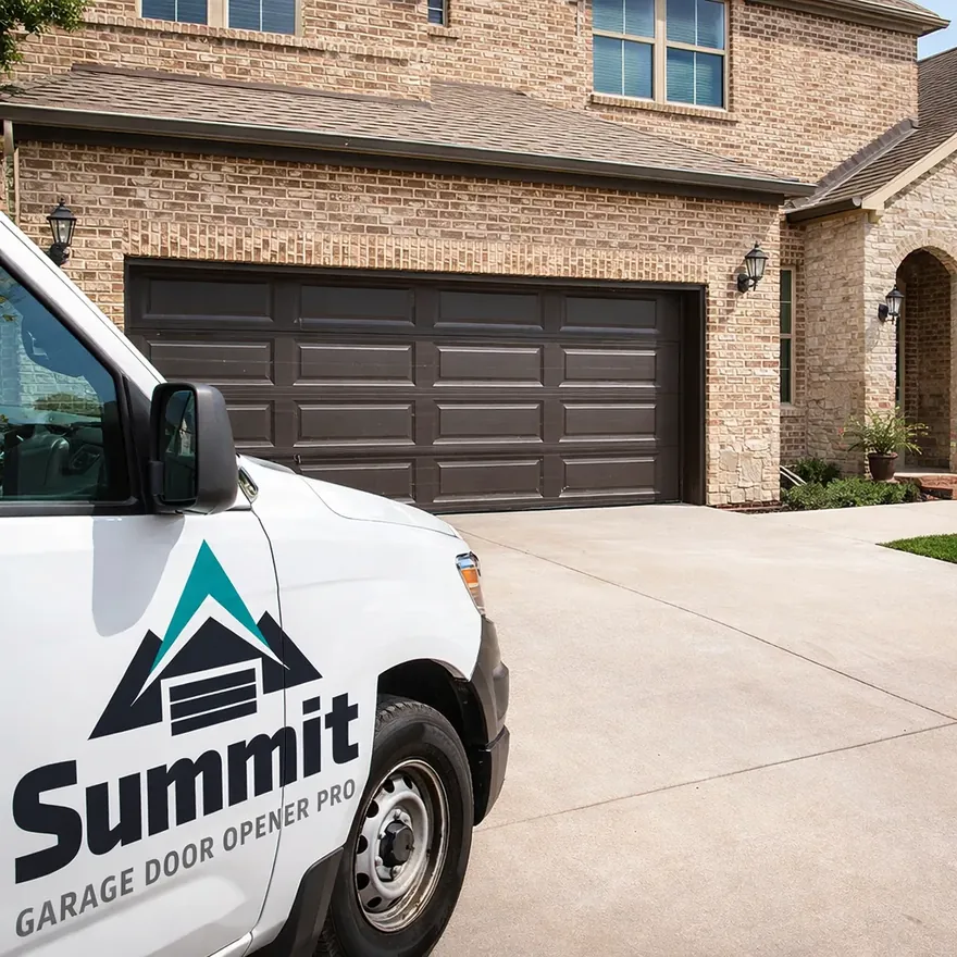 A finished dark bronze insulated garage door installation on a two-story North Dallas home with a paved driveway.