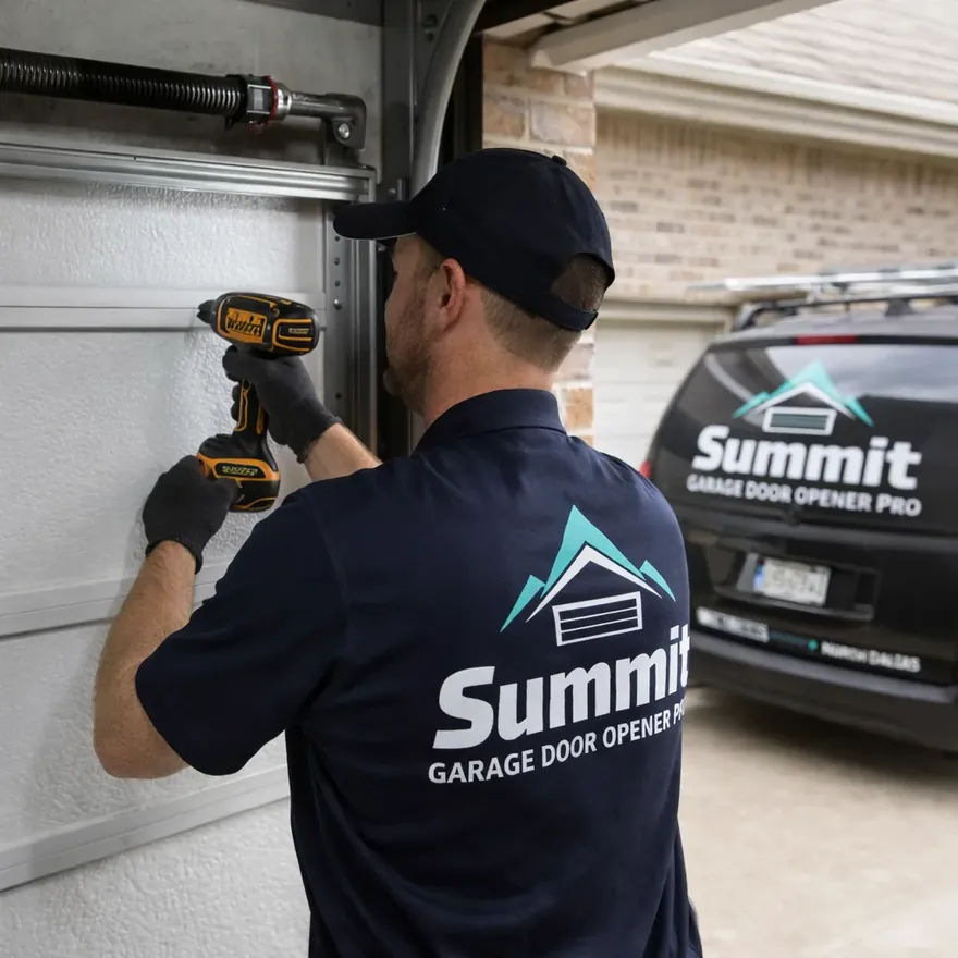 A technician in uniform installing a new insulated steel garage door panel on a North Dallas home, with torsion spring and track hardware visible in the frame.