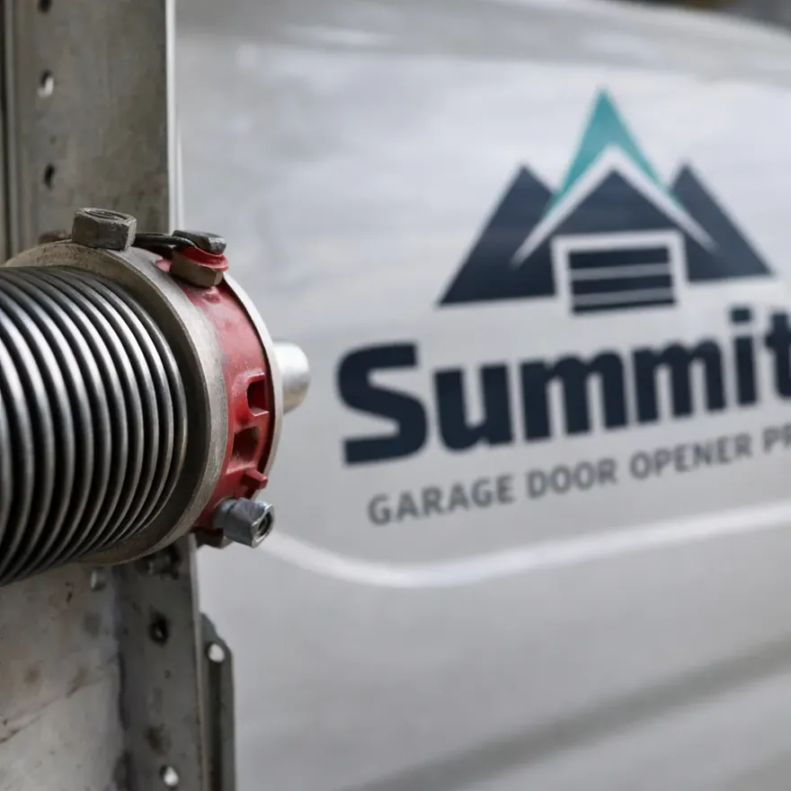 Close-up of a torsion spring system on a residential garage door showing even coil spacing after a tune-up.