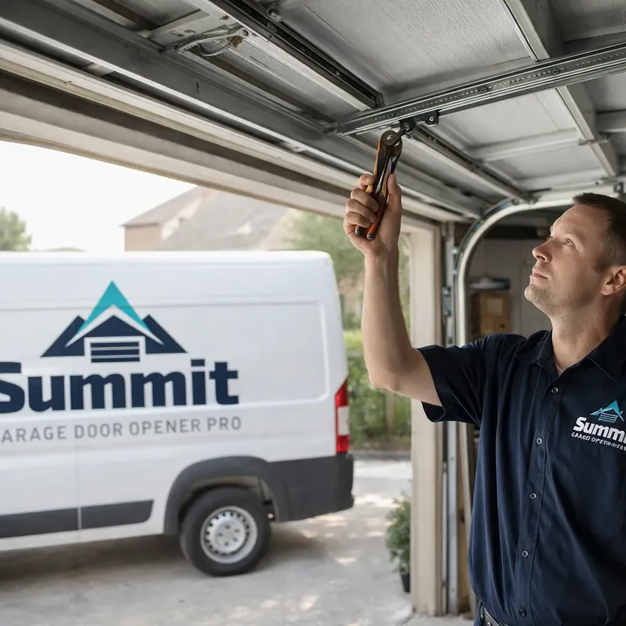 A uniformed technician inspecting an overhead garage door track and opener rail in a North Dallas home garage during daylight, tools in hand.