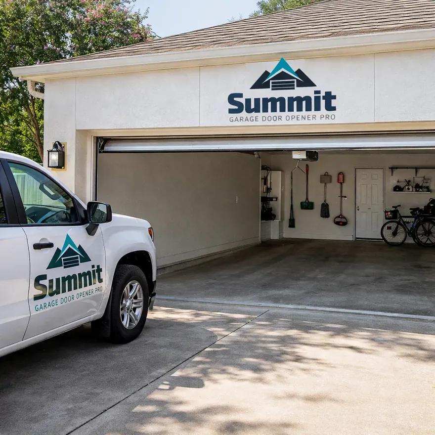 Wide shot of a two-car garage door fully open on a smooth-running track after a maintenance visit.