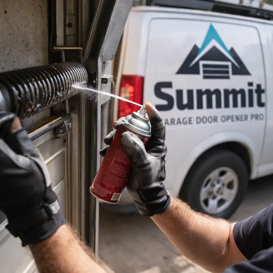 Close-up of a technician's gloved hands lubricating a torsion spring and roller track on a residential garage door, grease visible on the coils.