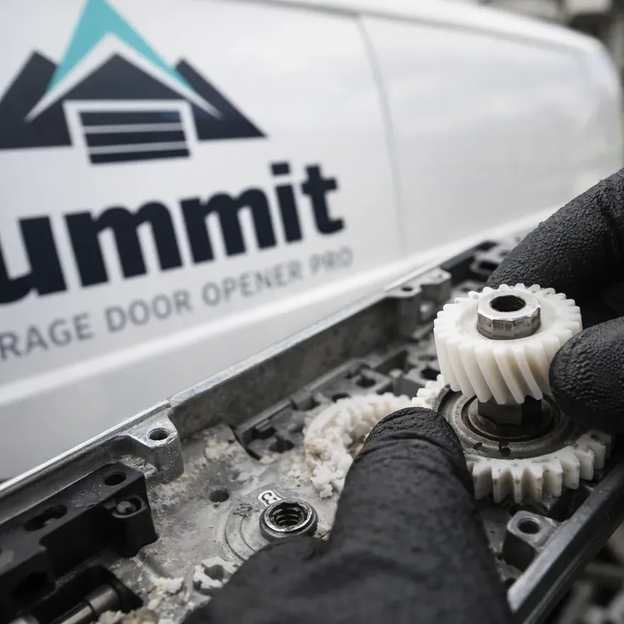 Close-up of a technician's gloved hands replacing a stripped drive gear inside an opener motor housing.
