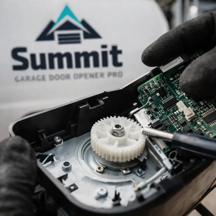 Close-up of an opener motor housing with the cover removed, showing the drive gear and circuit board being inspected by gloved hands.