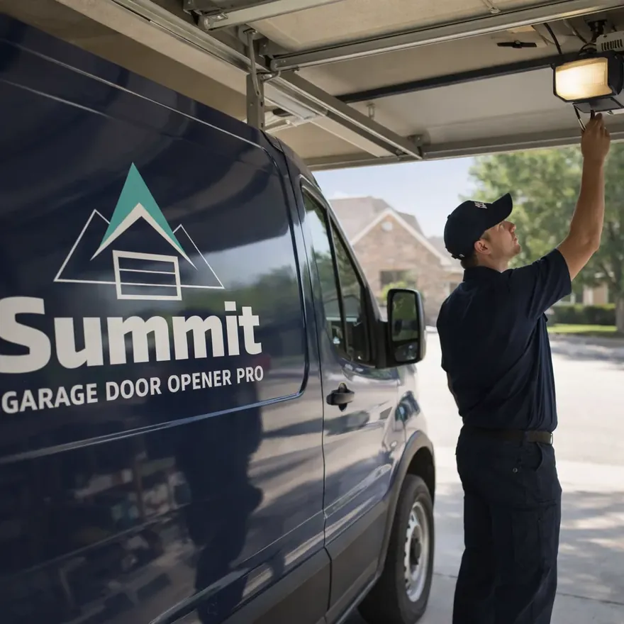 A uniformed technician standing at an open garage inspecting an opener motor unit mounted on the ceiling rail, daylight, suburban North Dallas driveway.