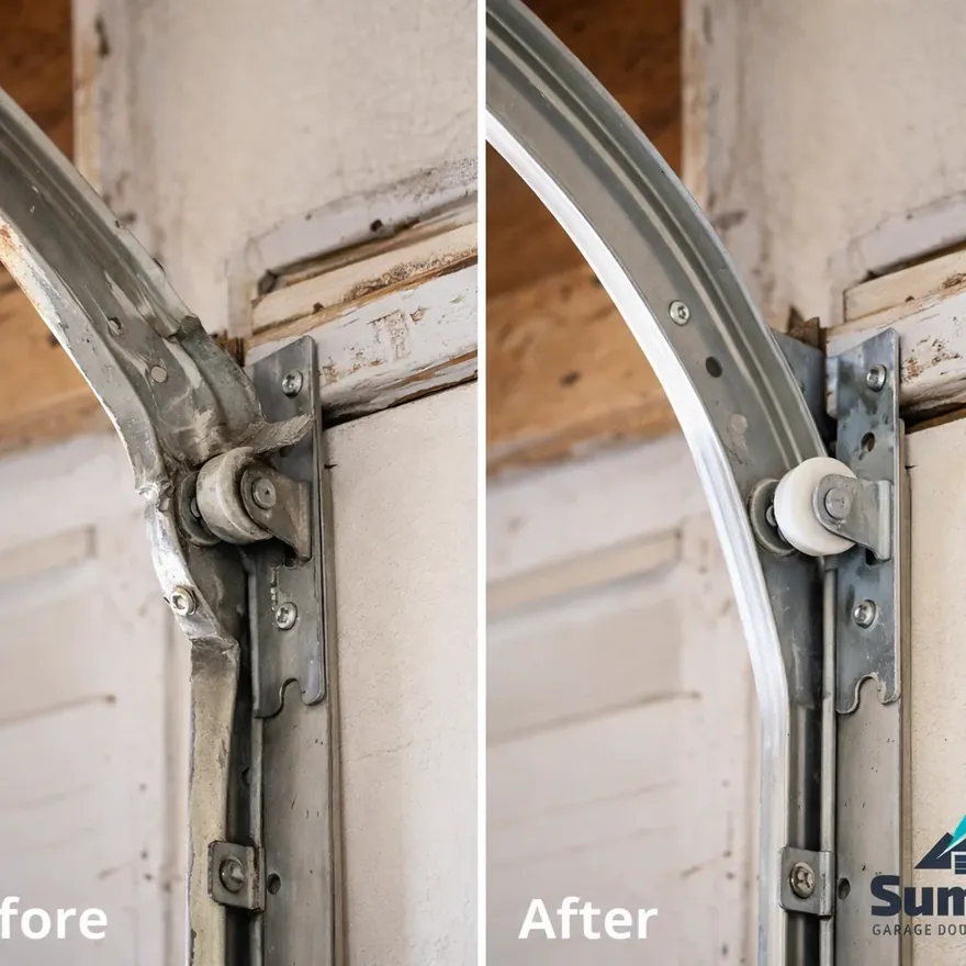 Split before-and-after shot of a garage door track: bent and misaligned on the left, straightened and reset with new rollers on the right.