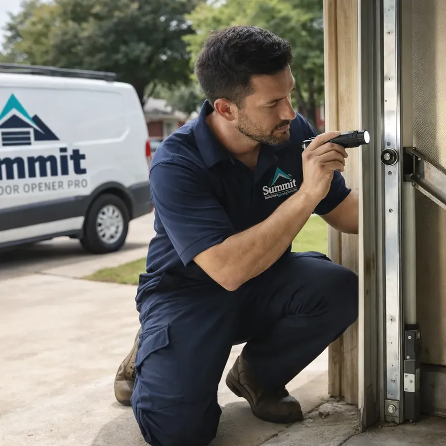 A garage door technician in Summit Garage Door Opener Pro uniform kneeling beside an open garage door, inspecting a track and roller with a flashlight, suburban North Dallas driveway in the background.