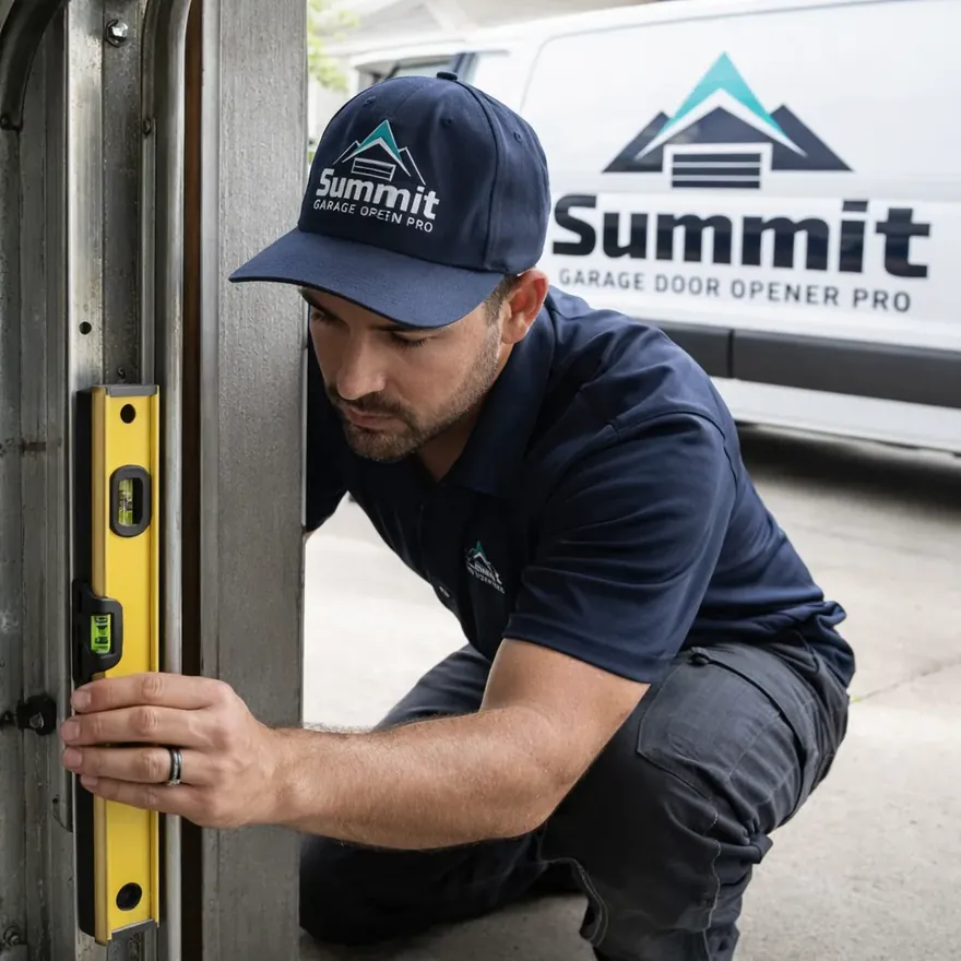 Technician crouched at the base of a garage door track, using a level to check alignment after resetting a roller into the channel.