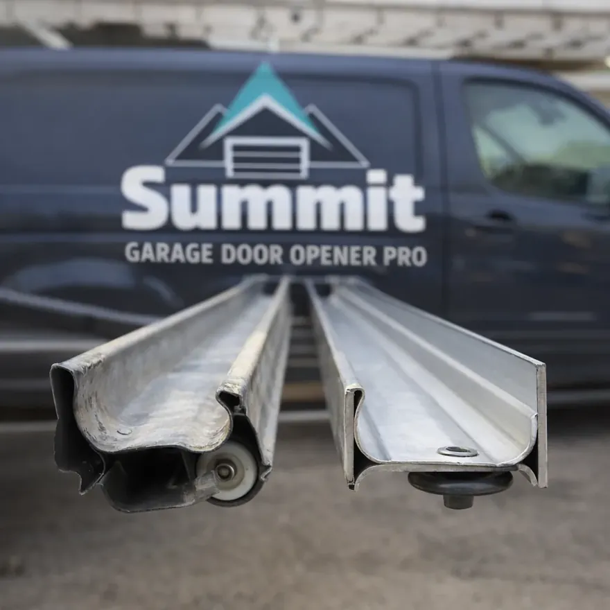Close-up of a bent garage door track section next to a straightened replacement track, showing the roller channel misalignment that causes a door to jump the track.