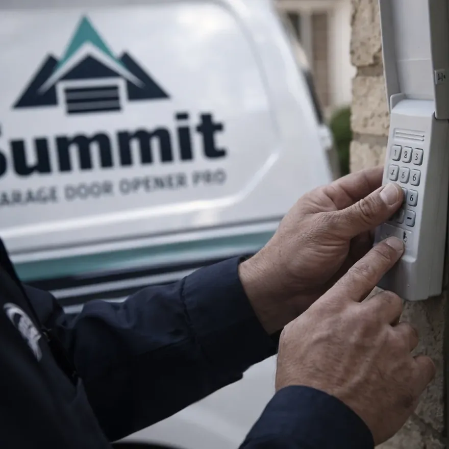 A technician's hands programming a wall-mounted garage door keypad next to the entry door of a North Dallas garage.