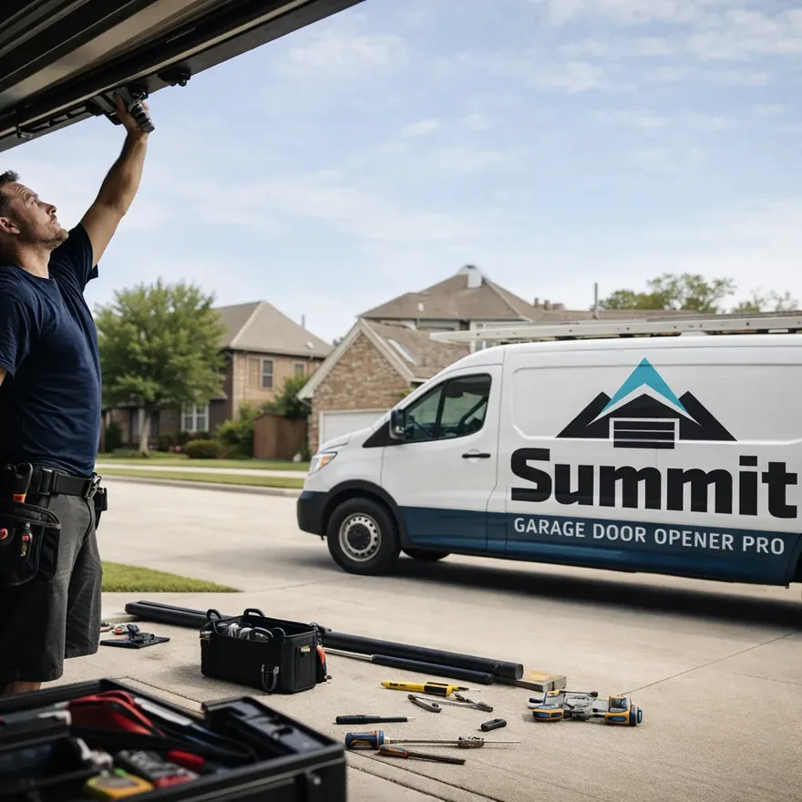 A technician standing at an open garage in a North Dallas neighborhood, reaching up to a newly mounted garage door opener rail, with tools laid out on the driveway.
