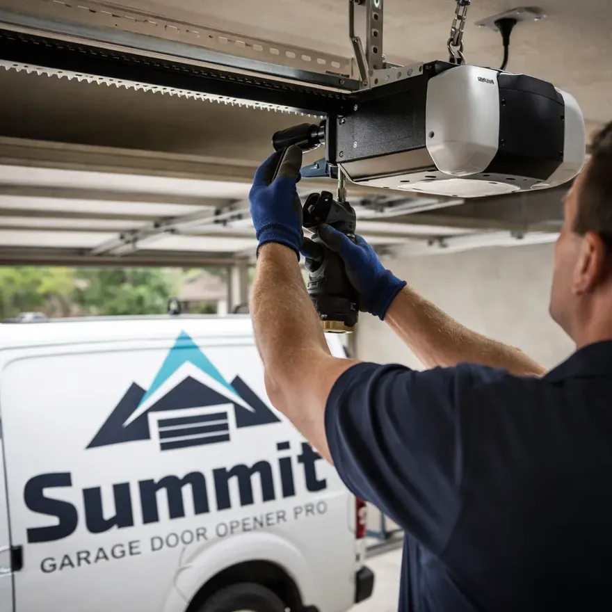 Close-up of a newly installed belt-drive garage door opener motor and rail mounted along a garage ceiling.