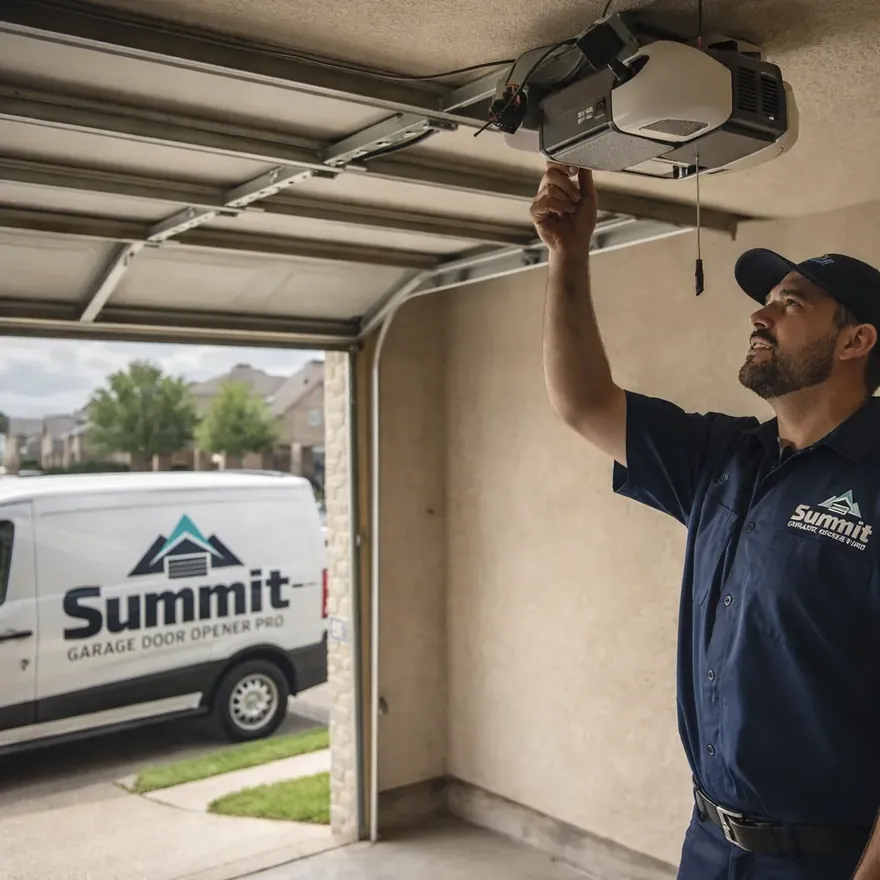A uniformed technician working on an open garage door opener unit mounted on the ceiling of a North Dallas home garage, daylight visible through the open door.