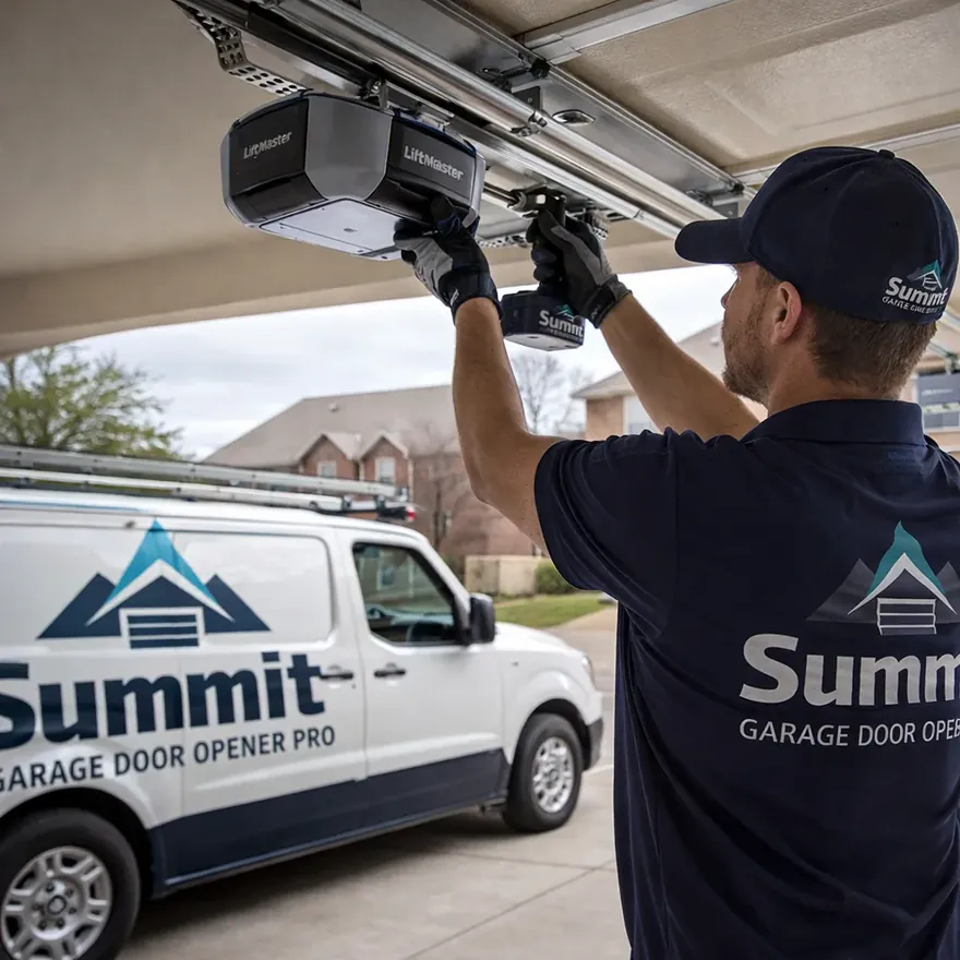 A licensed technician installing a new garage door opener motor unit on the ceiling rail of a residential garage in North Dallas.