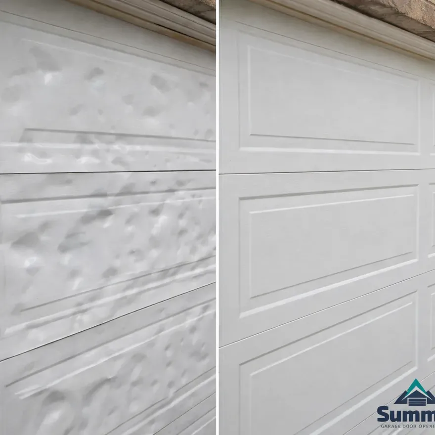 Side-by-side of a hail-dented steel garage door panel before replacement and the same spot after a matching new panel was installed.