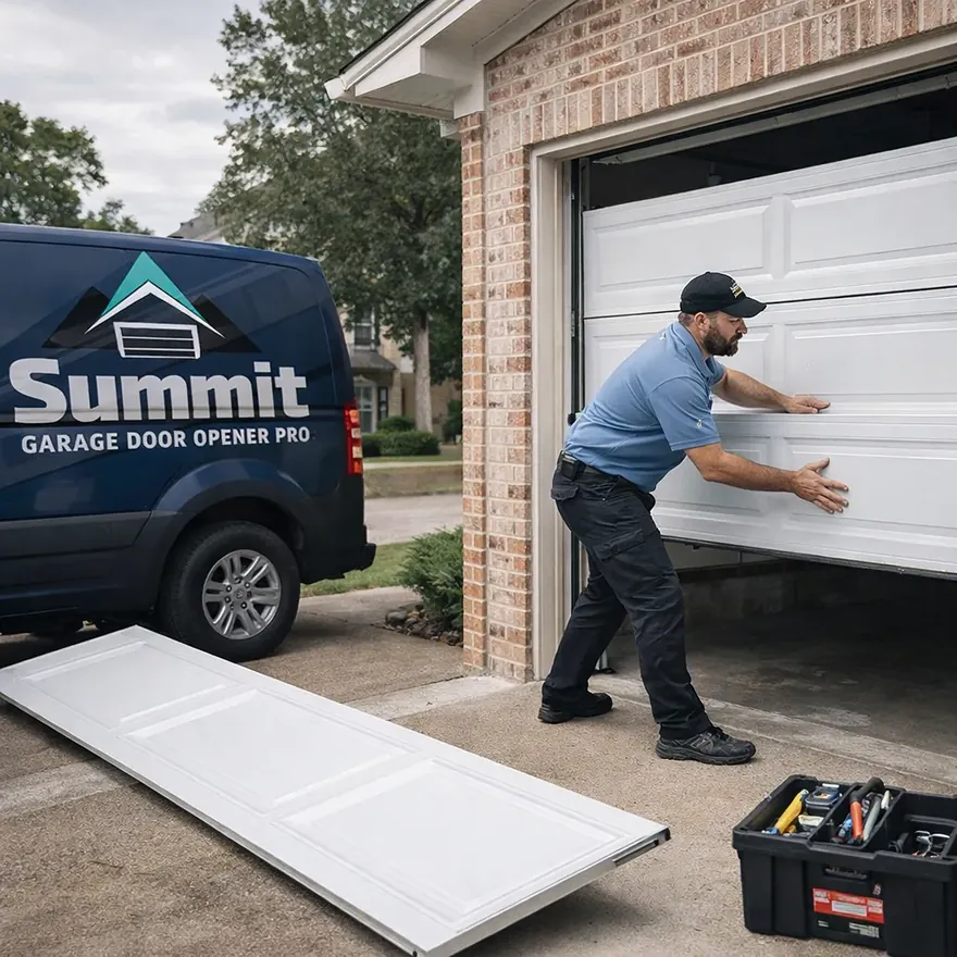 A uniformed technician fitting a new steel garage door panel into a residential sectional door in a North Dallas driveway, with a matching replacement panel and toolbox nearby.