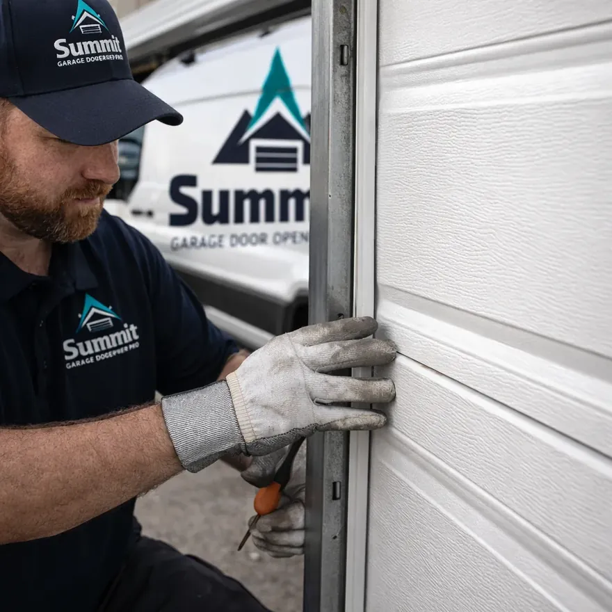 Close-up of a new insulated steel garage door panel being aligned into a track next to the existing panels, showing the seam match.