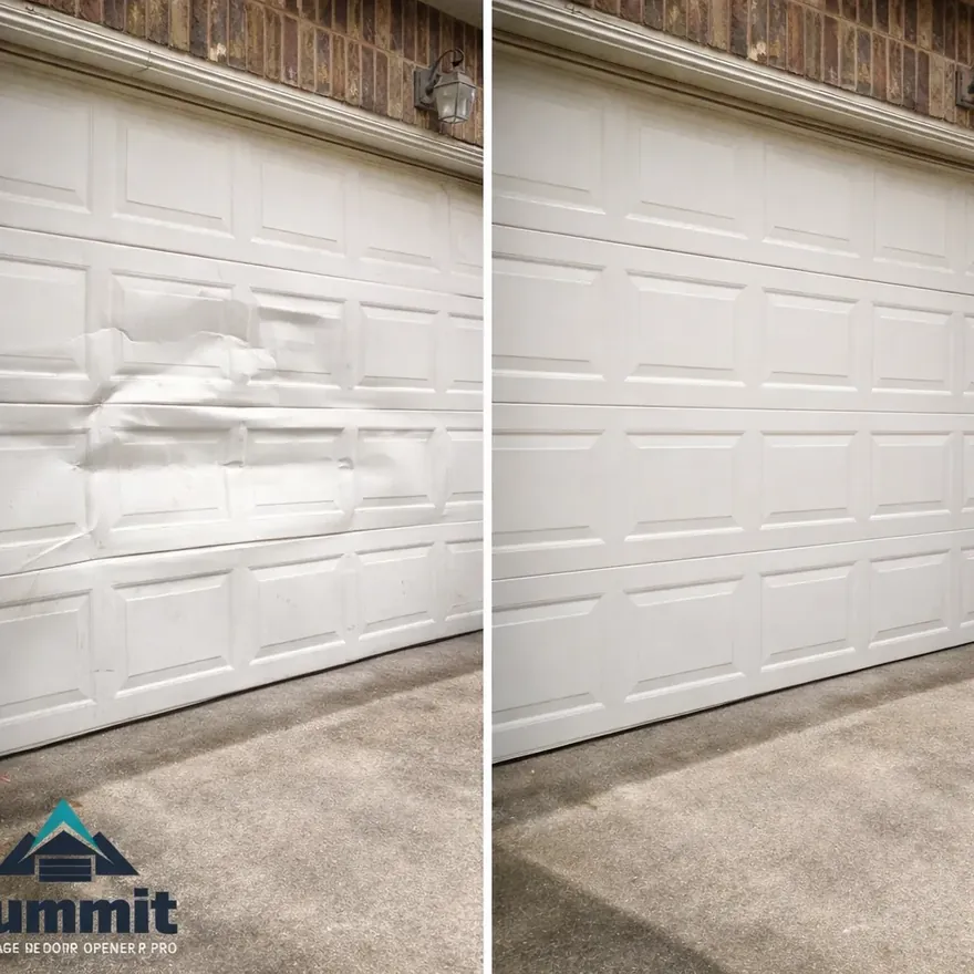 Before-and-after of a dented garage door panel repaired and reinstalled on a suburban North Dallas home.