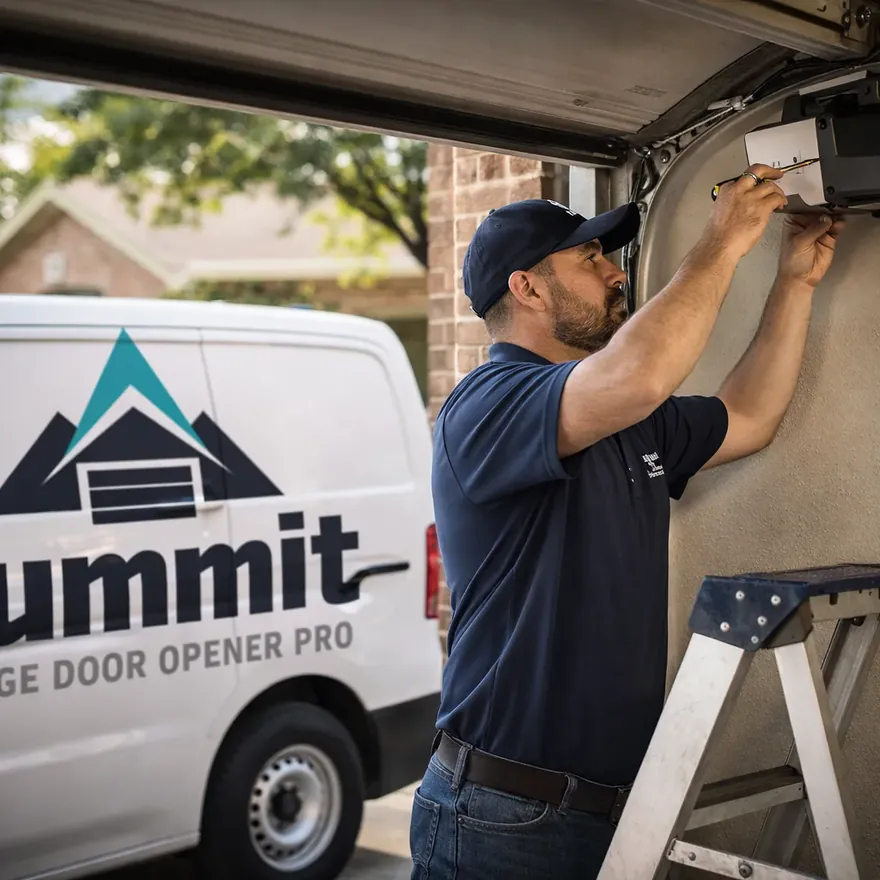 A uniformed Summit Garage Door Opener Pro technician repairing a residential garage door opener in Allen, TX, daylight, driveway setting.