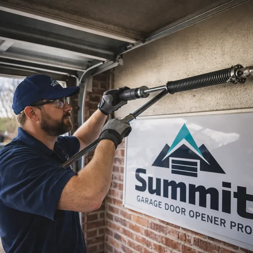A technician replacing a broken torsion spring on a residential garage door in an Allen, TX driveway.