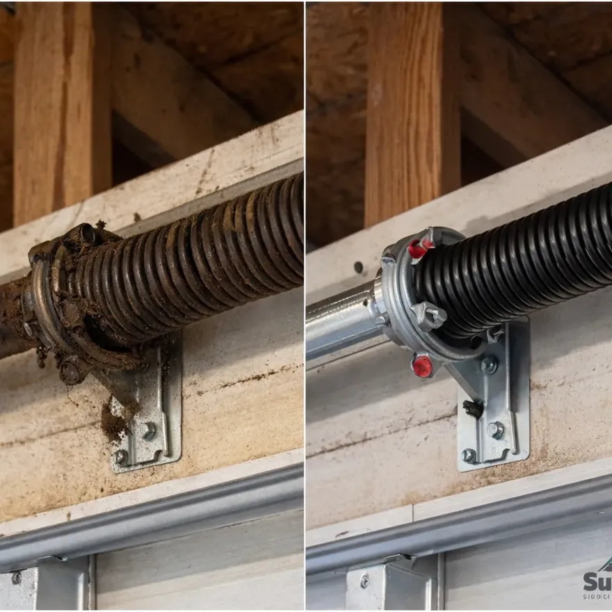 A close-up before-and-after comparison of a replaced torsion spring assembly on a residential garage door.