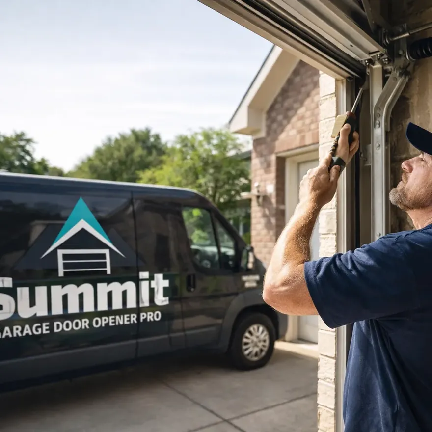 A licensed technician inspecting a residential garage door track and spring assembly in daylight outside a Carrollton home.