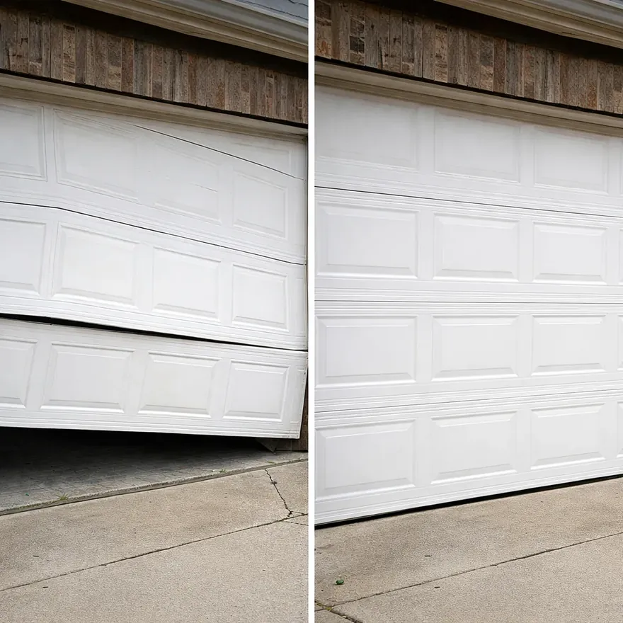Side-by-side of a sagging, off-track residential garage door before repair and the same door running smoothly and aligned after service.