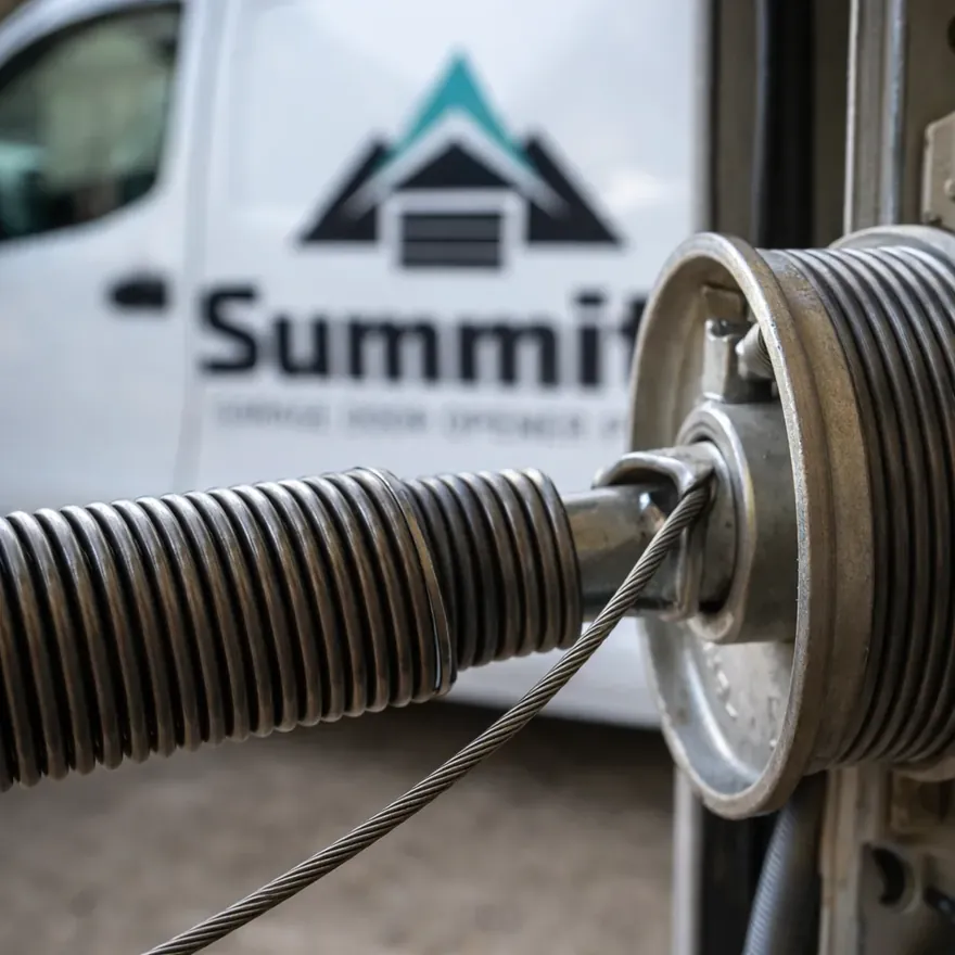 Close-up of a new torsion spring and drum installed on a residential garage door, showing proper winding and cable tension.