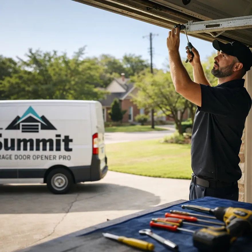 A uniformed Summit Garage Door Opener Pro technician working on an open residential garage door opener rail in a Colleyville, TX driveway during daylight, tools laid out on a mat.