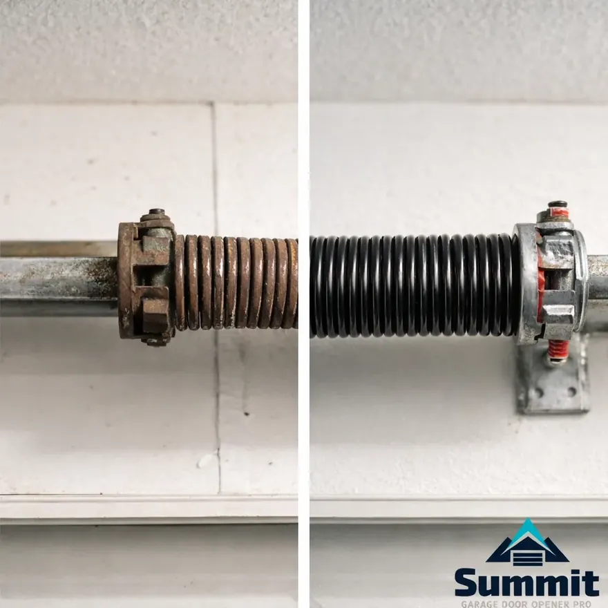 Before-and-after of a torsion spring replacement on a residential garage door, worn spring next to the new coil installed.