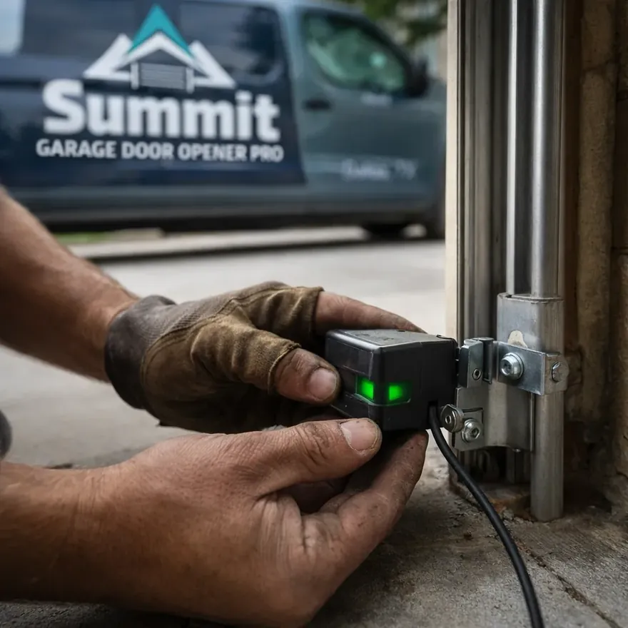 Close-up of a technician aligning a garage door opener's photo-eye safety sensors near the floor track.