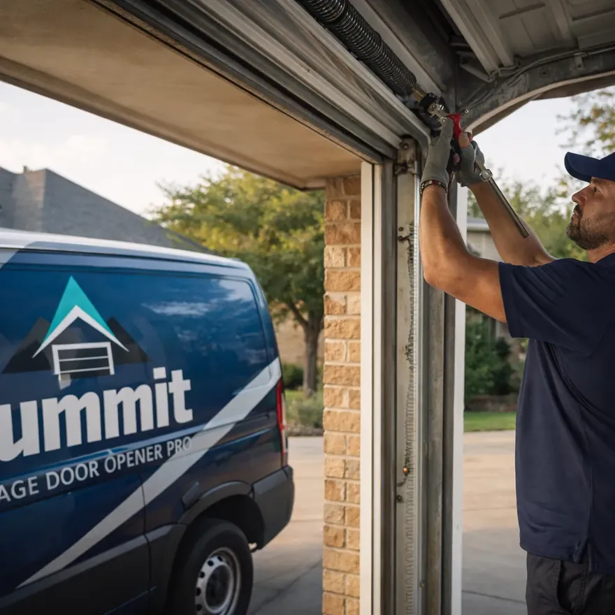 A technician working on an open residential garage door with the torsion spring and track visible, daylight exterior shot at a North Dallas home.