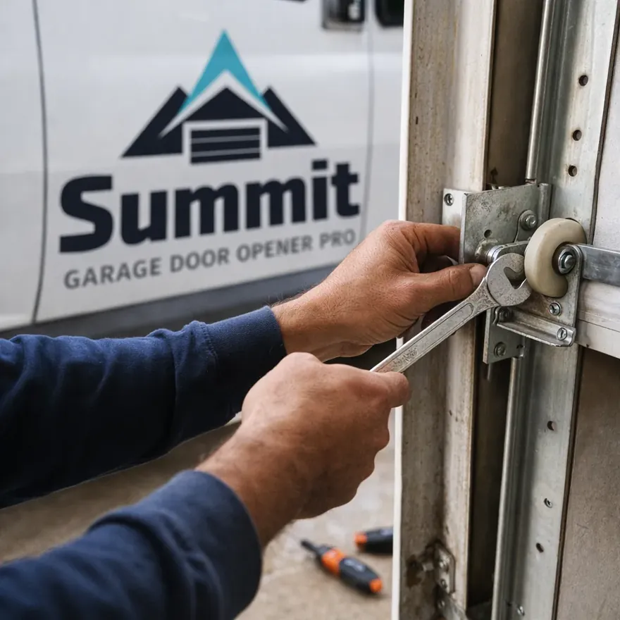 Close-up of a technician's hands adjusting a garage door track roller and hardware, tools visible nearby.