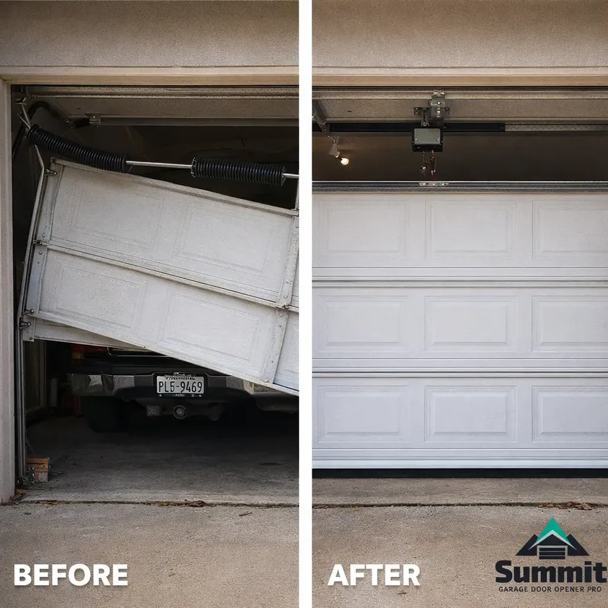 Side-by-side before and after of a sagging garage door with a snapped spring, now realigned and closing evenly.