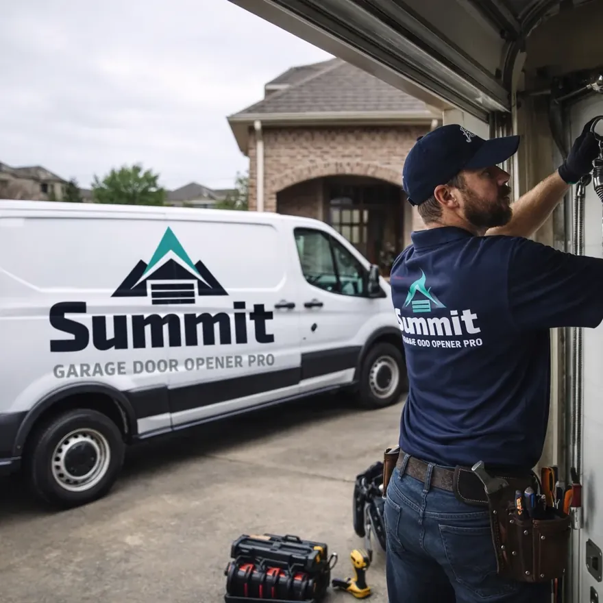 A uniformed technician working on an open garage door torsion spring system at a North Dallas area home, tools and a service van visible in the driveway.