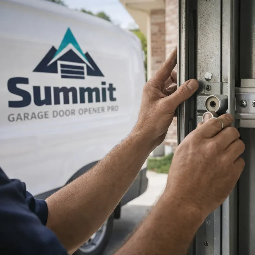 Close-up of a technician's hands inspecting a garage door track and roller, checking alignment against the door frame.