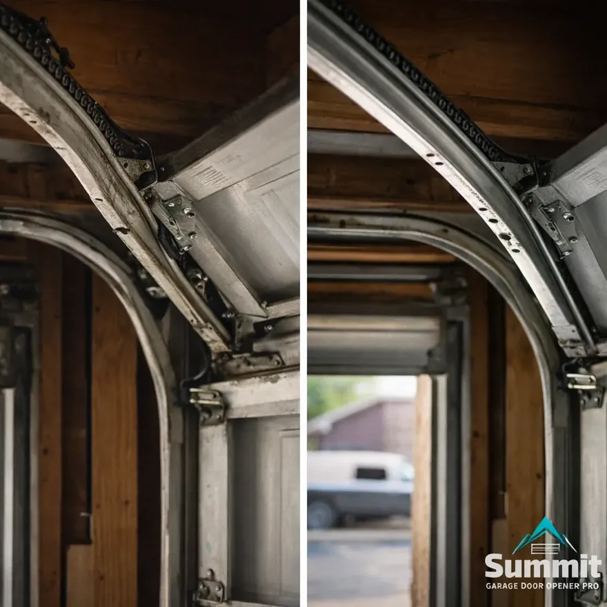 A side-by-side view of a sagging, misaligned garage door track before repair next to the same track running level and smooth after adjustment.
