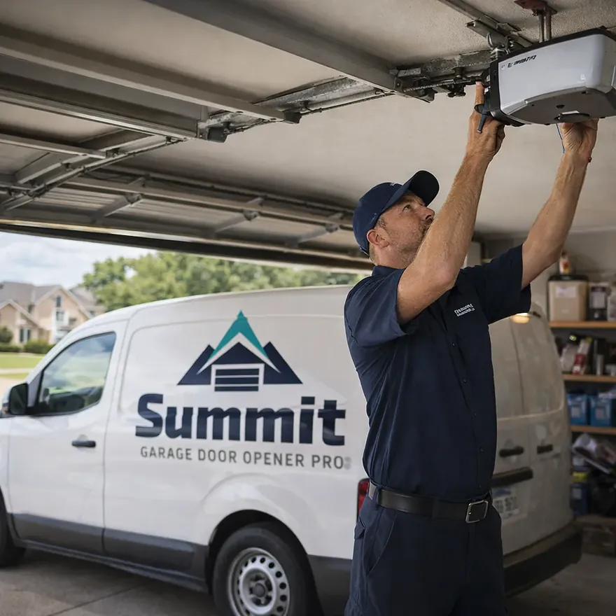 A uniformed Summit Garage Door Opener Pro technician working on a ceiling-mounted garage door opener in a two-car suburban garage in Flower Mound, TX, with the door raised behind him.